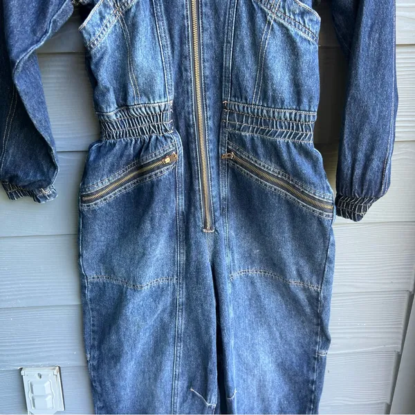 We The Free Women's Blue Denim Hooded Utility Long Sleeve Jumpsuit Size S - Image 4