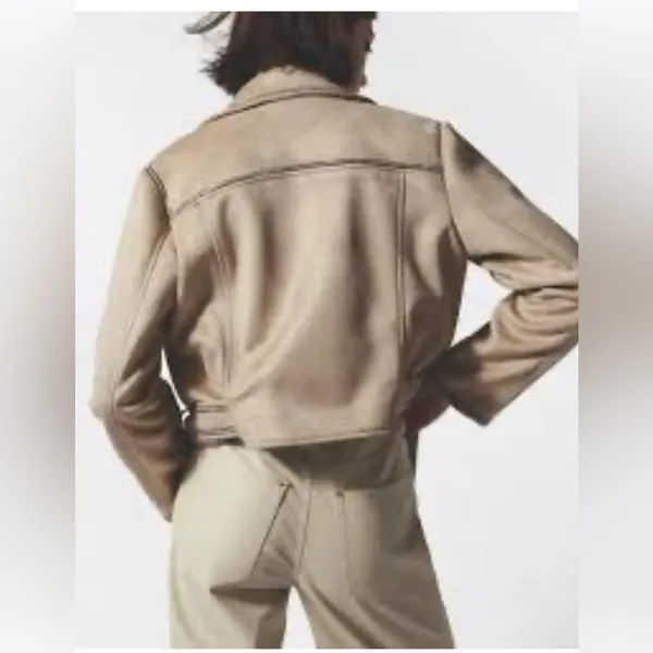 Zara cropped moto jacket coat rhinestones trim beige faux suede M - Image 2
