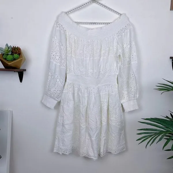 ASTR The Label Solstice Off Shoulder Eyelet Lace Mini Dress in White Small - Image 5