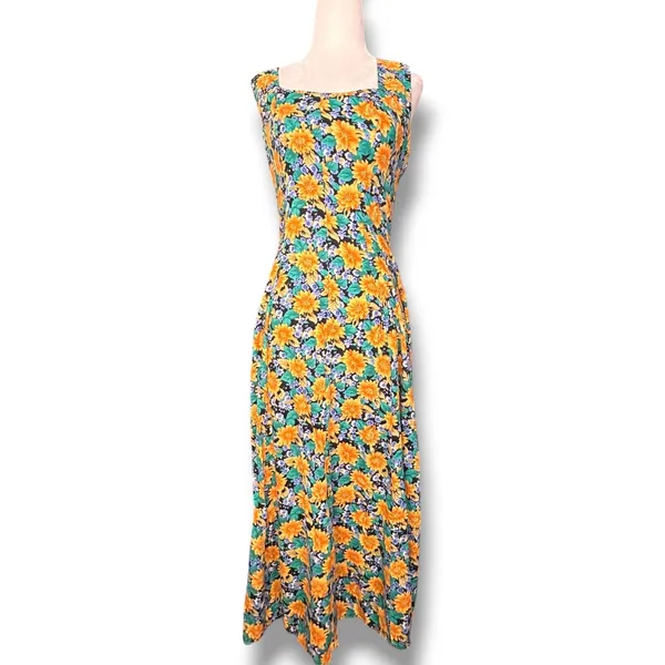 Vintage All That Jazz Floral Maxi Dress Open Cross Back Sunflower Garden Party - Image 3