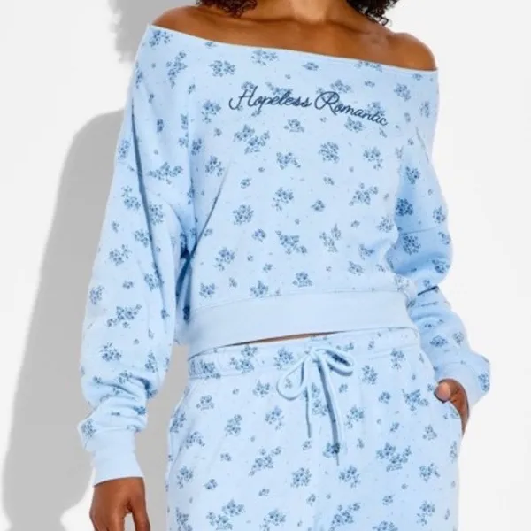Mighty Fine Hopeless Romantic Floral Off Shoulder Cropped Sweatshirt‎ Blue SM - Image 6