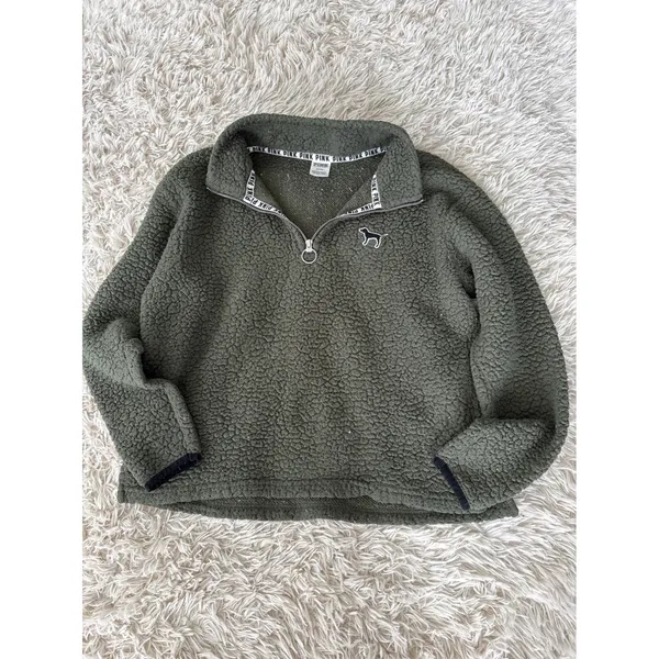 PINK Victoria's Secret Sherpa Quarter Zip Pullover‎ Fleece Sweatshirt Green M - Image 7