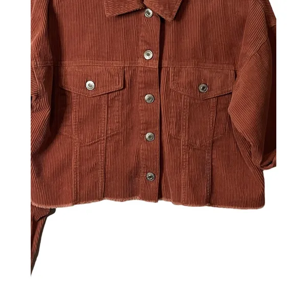 Forever 21 Top Womens Size Small Shacket Rust Color Button Up Collar Raw Hem - Image 7