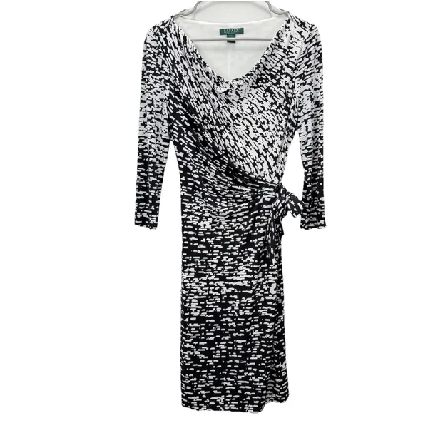 Ralph Lauren Black White‎ Geo Faux Wrap Tie 3/4 Sleeve Stretch Sheath Dress 4 - Image 2