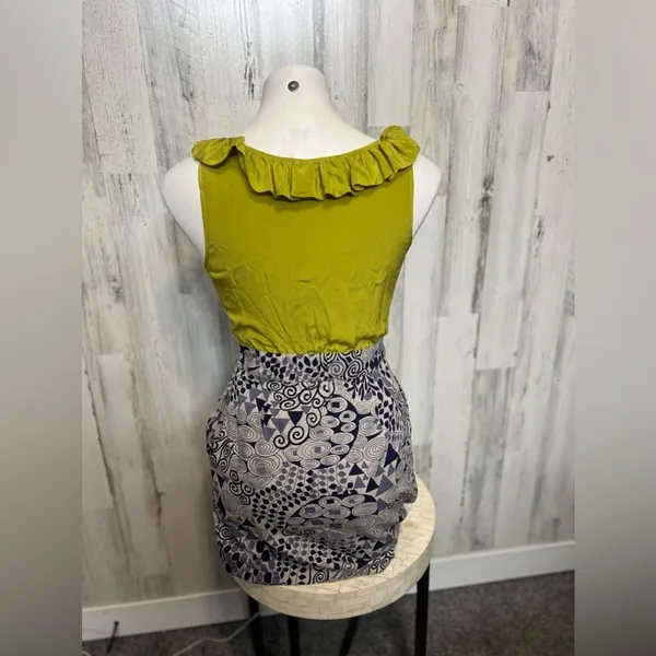Forever 21 Maca Ruffled Top Geometric Print Mini Dress Womens Small Chartreuse Blue - Image 4