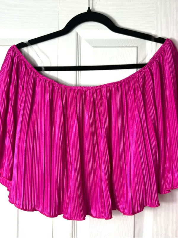 PrettyLittleThing Pink Fuschia Plisse Bardot Crop Top Maxi Skirt Set Size 12 - Image 2