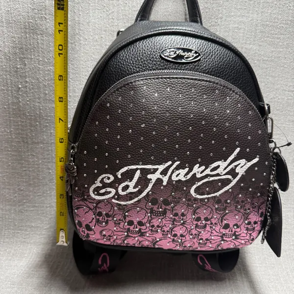 Ed Hardy Mini Backpack Pink‎ Black Skull Rhinestone Y2K NWT Vegan Leather - Image 7