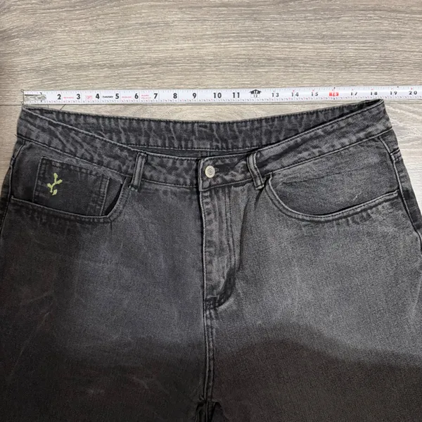 Women Washed Black High Waisted Relaxed Tapered Jeans 36x25 Green Embroidery - Image 4