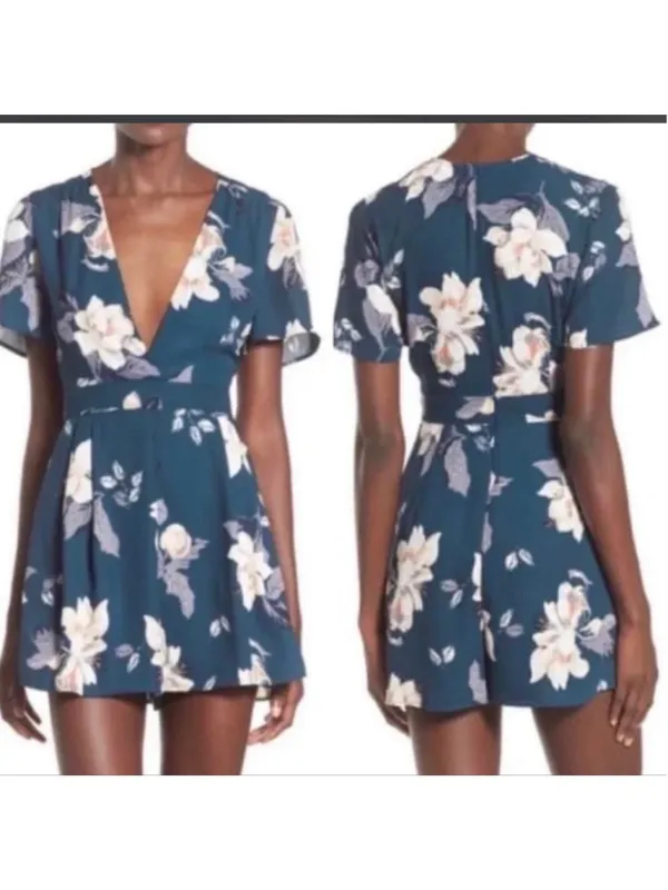 ASTR The Label Teal Floral Print Romper Shorts- Size Small - Image 2