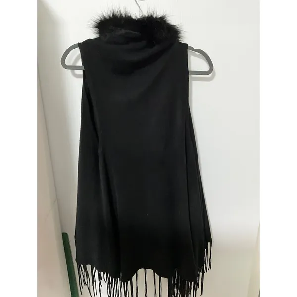 Black Faux Fur Trim Fringe Knit Vest Open Front Sleeveless Wrap Shawl RN136026 - Image 2