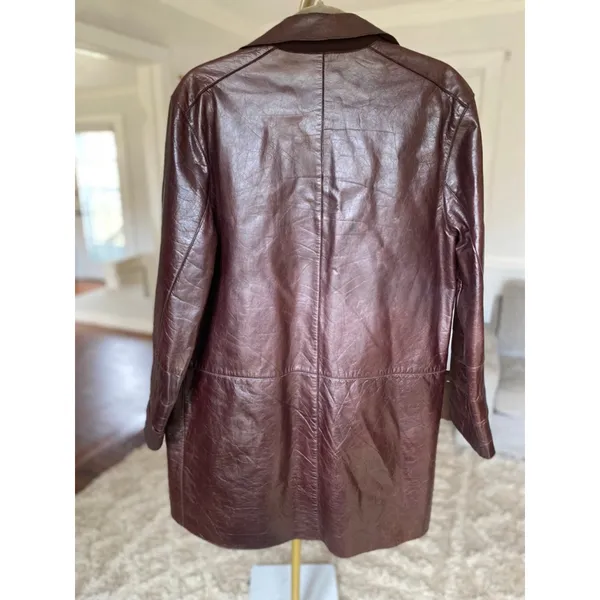 Anne Klein Leather Long Coat Brown Made in Korea Open Front Minimalist Classic L - Image 3