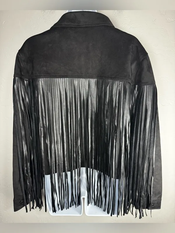 Juicy Couture Black Faux Suede Fringe Trucker Jacket Size Medium - Image 6