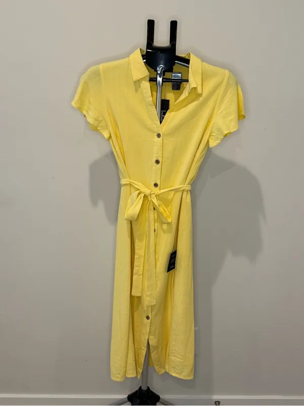 Lulus Yellow Linen Blend Button-Front Belted Midi Shirt Dress XS NWT - Image 2