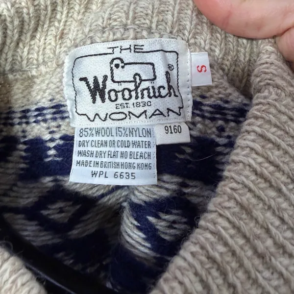 Woolrich Woman Vintage Fair Isle Wool Sweater Oatmeal Grey Navy Green Size S - Image 4