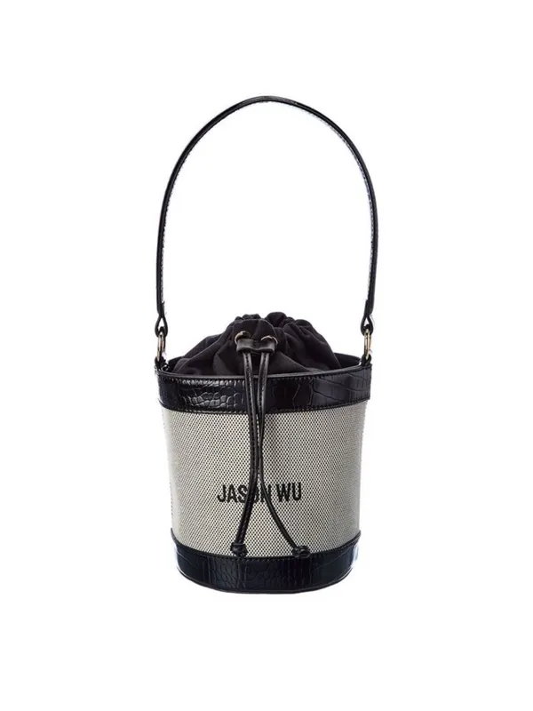 Jason Wu Textured Canvas Leather Crocodile Trim Bucket Bag - Image 11