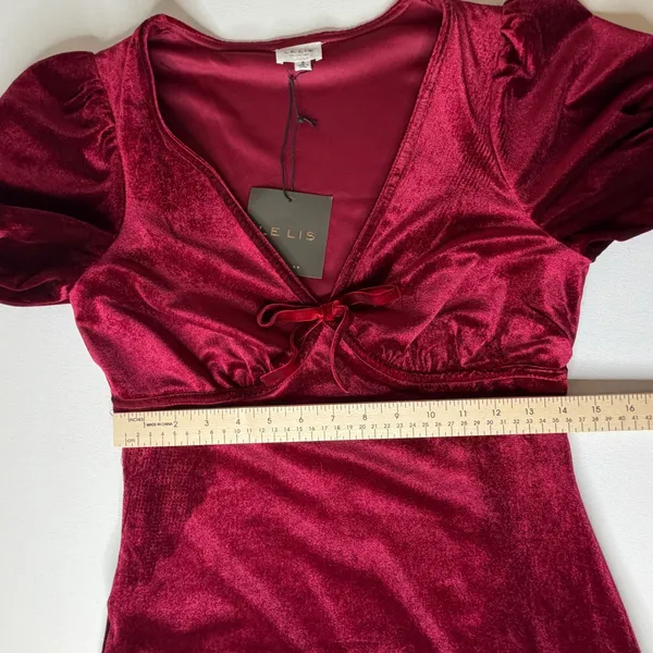 NWT Le Lis Crimson Velvet Babydoll Puff Sleeve Mini Dress Small Holiday Bow‎ - Image 12