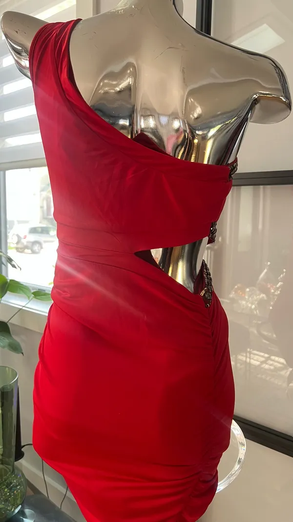 Bebe Red One-Shoulder Beaded Waist Cocktail Dressw - Image 5
