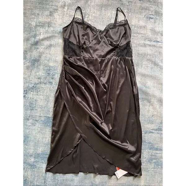 NWT! Cider Black Satin Lace Insert Ruch Front Sexy Slip Dress Size 2XL - Image 2