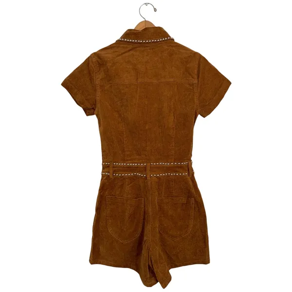 Baevely Womens XS Brown Faux‎ Suede Studded Western Romper Short Sleeve Cognac - Image 4