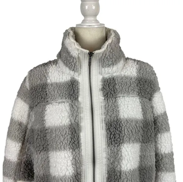 Abercrombie Sherpa Check Fleece Plaid Full Zip Jacket Coat Gray and White Size Medium - Image 9