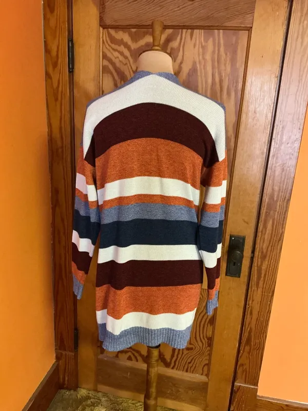 Boho Striped Long Cardigan Duster Cozy Fall Layer Rust Blue XL ECOWISH - Image 9