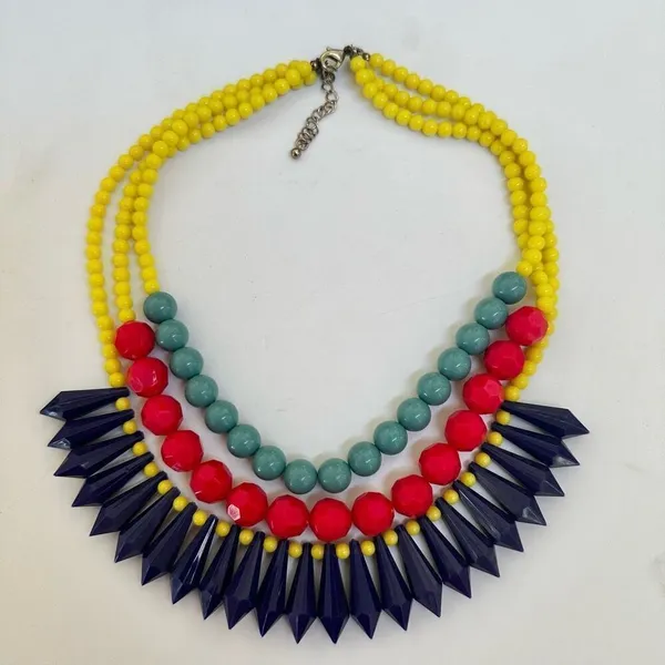 Yellow beaded red and green and blue statement necklace - Image 3