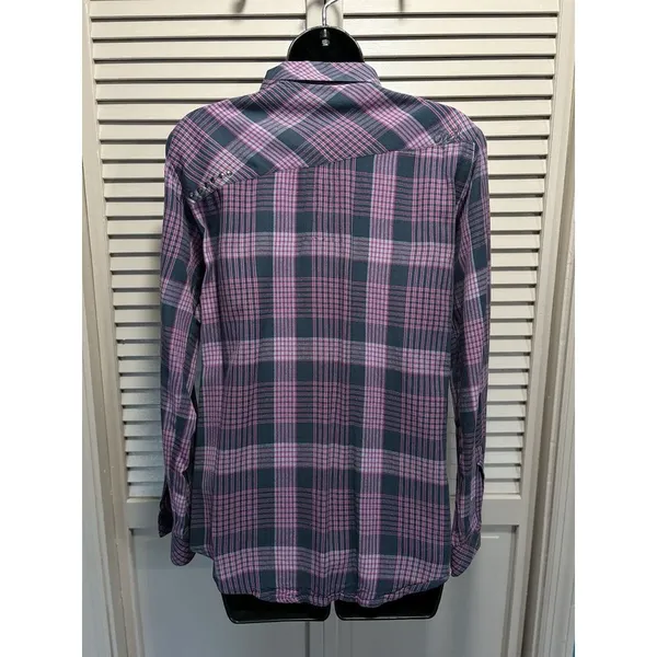 O'Neill Long Sleeve Shirt Pink/Gray Plaid‎ Size Medium Button Up Studs - Image 5