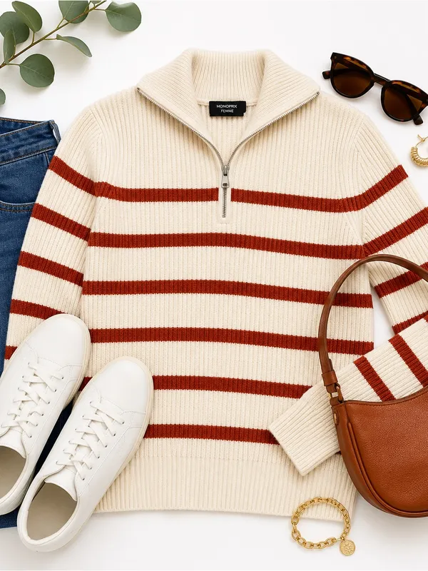 Monoprix Femme Ivory Rust Stripe Ribbed Half Zip Sweater XS French Knit Top Chic - Image 13