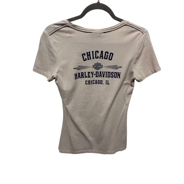 Harley Davidson Chicago IL T-Shirt Small Cream Graphic Tee Rhinestone Flame - Image 7
