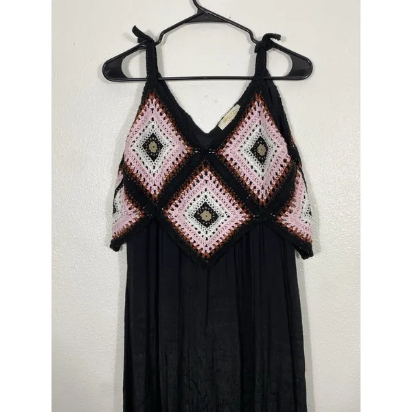 REBELLION Crochet Geometric Maxi Dress Sleeveless Black Pink Size M - Image 5