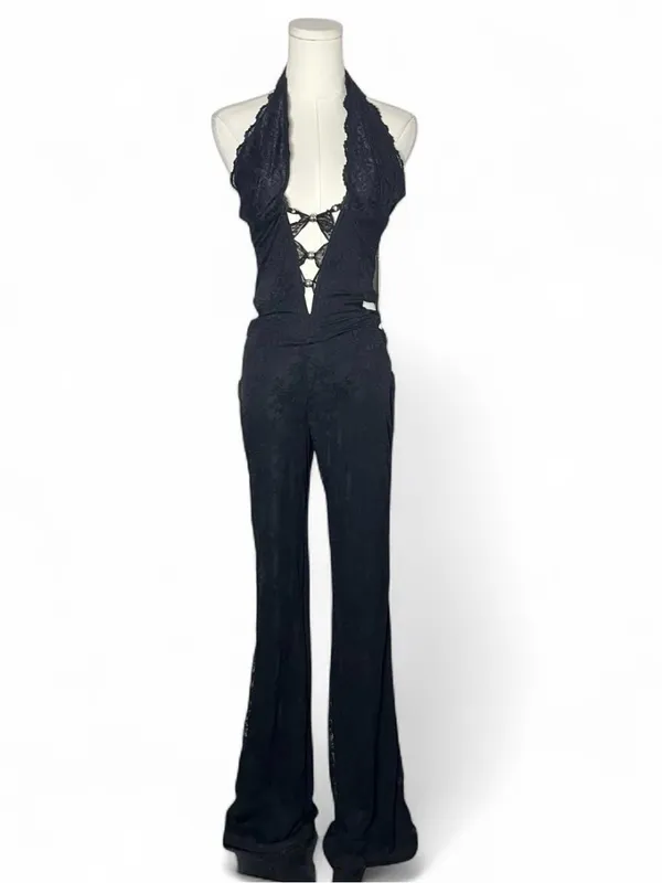 NEW Outcast Lace Up Halter Jenna Jumpsuit in Black Floral Lace - Image 3