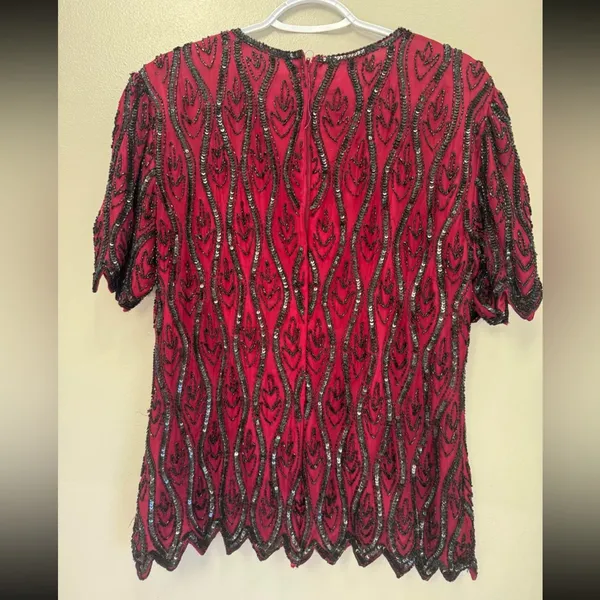 Vintage Stenay 100% Silk Beaded Top Size Medium Red - Image 2