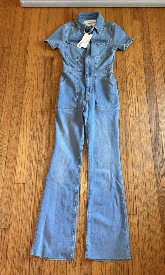 ZARA X Good American ZW Denim Sculpting Jumpsuit Flare Leg, Size 2 - Image 2