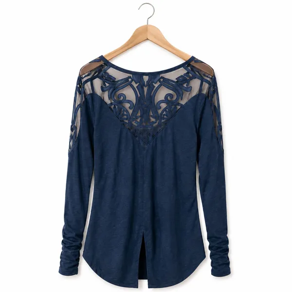 Free People Gatsby Boho Lace Scoop Neck Blue Ribbed Long Sleeve Top M Indie - Image 5