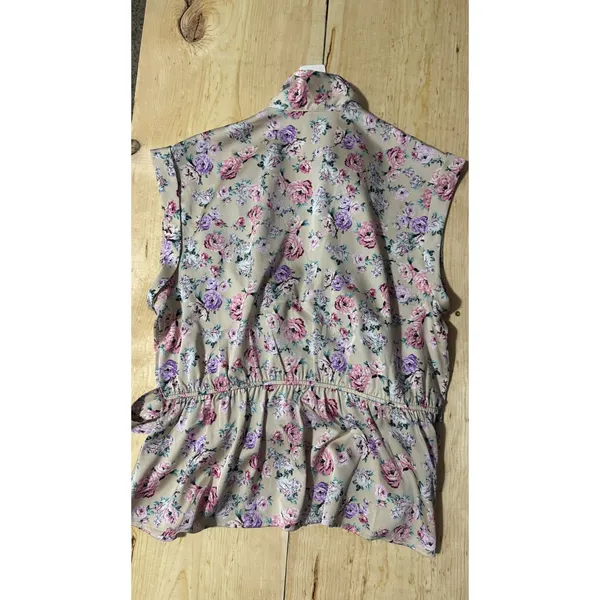 Express Womens‎ Floral Wrap Peplum Top Sleeveless Beige Pink Purple Large - Image 5
