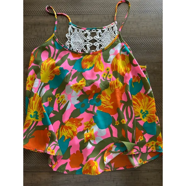Judith March Floral Boho Cami Tank Top Crochet Lace Back Vibrant‎ Retro Large - Image 2