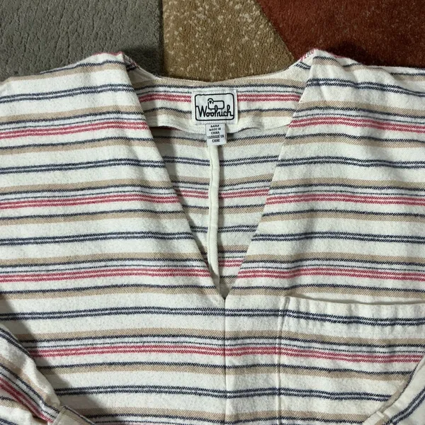 Woolrich Vintage Striped Flannel Tunic Women Medium Cream Oversized V-Neck Top - Image 2