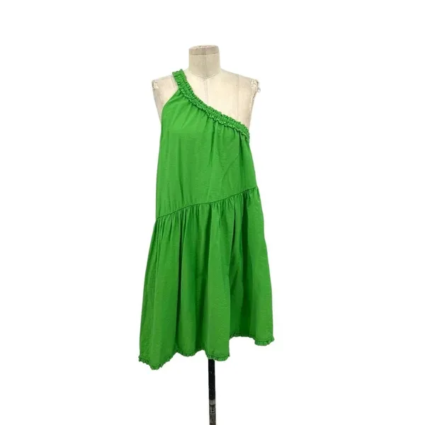 Anthropologie Ruffled One-Shoulder‎ Mini Dress Sleeveless Flowy Green Size Small - Image 3