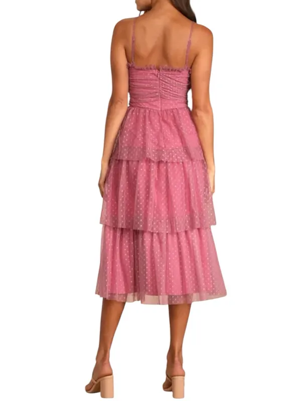 Lulu's Sweetheart Style Mauve Polka Dot Bustier Tiered Midi Dress Size S - Image 2