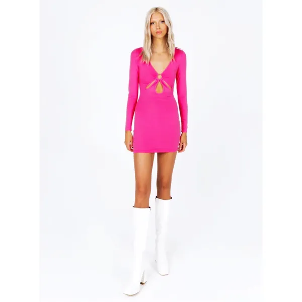 New PRINCESS POLLY Hot Pink Low Cut Long Sleeve Bodycon Mini Dress Sexy Size‎ 12 - Image 2