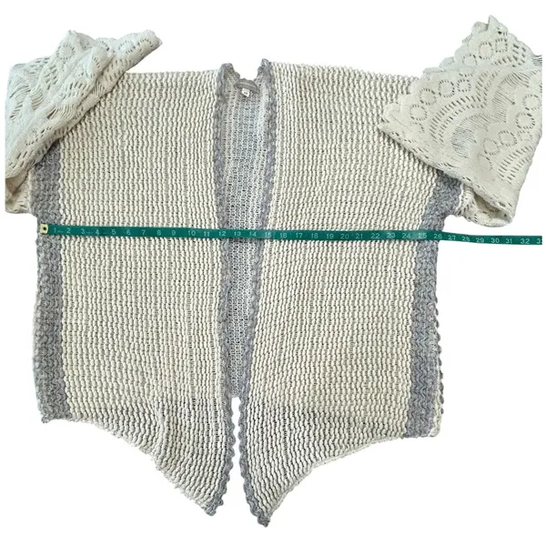 Anthropologie Crochet Bell Sleeve Cardigan Cream Gray Boho Oversized Knit - Image 3