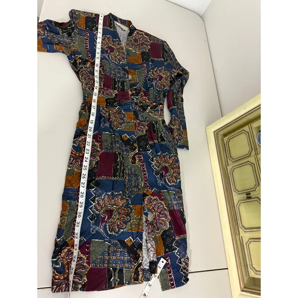 Women's Vintage Funky Retro Long-sleeved Patchwork Print Button Artsy Dress 6P - Image 7
