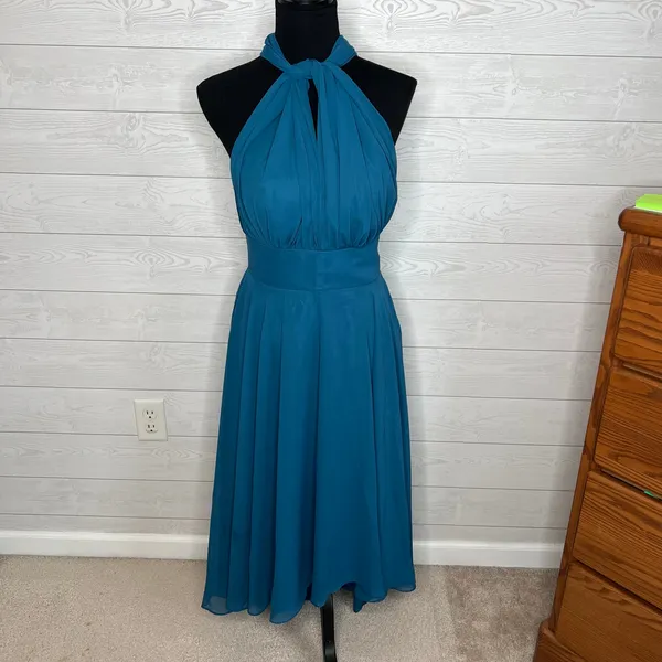 Teal Chiffon Halter High Low Bridesmaid Formal Dress Sz 5 - Image 3