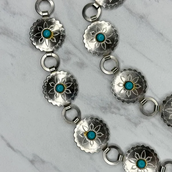 Womens Western Faux Turquoise Concho Chain Belt Silver Tone Small/Medium (S/M) ✨ - Image 5