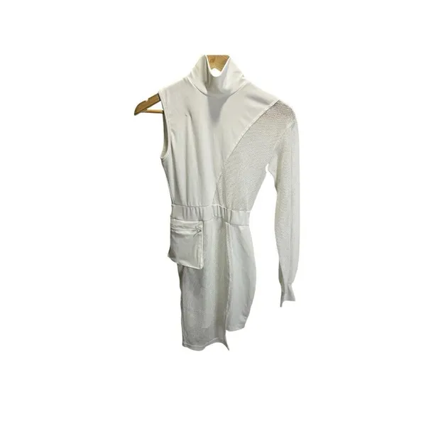 Shein Ivory Cream Mini Cocktail Dress Mesh S One Sleeve Mock Neck Stretch‎ - Image 2