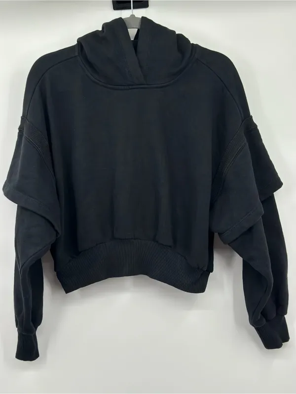 FP Movement Free People Snow‎ Flow Hoodie S Black Combo Cropped $128 - Image 2