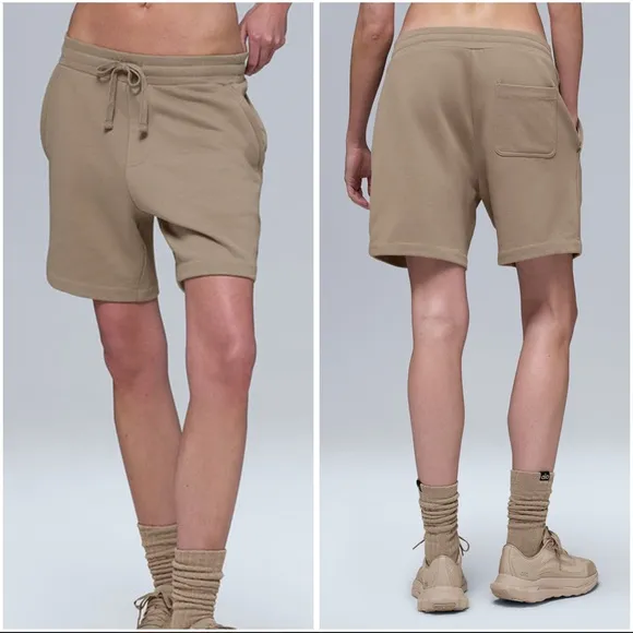 alo Yoga UNISEX ‘The Chill Short’ ‘Gravel’ Tan Sweat Shorts - Image 2