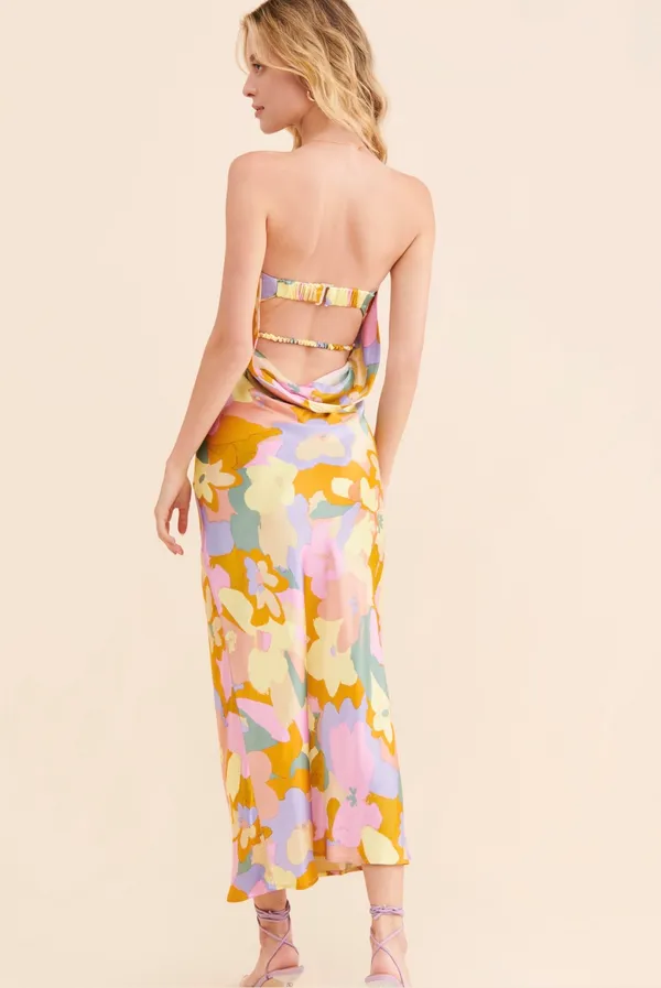 ASTR The Label Annabeth Satin Strapless Midi Dress Lime Rust Floral - Image 3