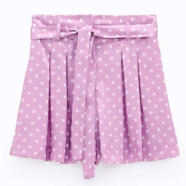 ZARA Lilac & White Polka‎ Dot High Waisted Flowy Satin Belted Paperbag Shorts XS - Image 6