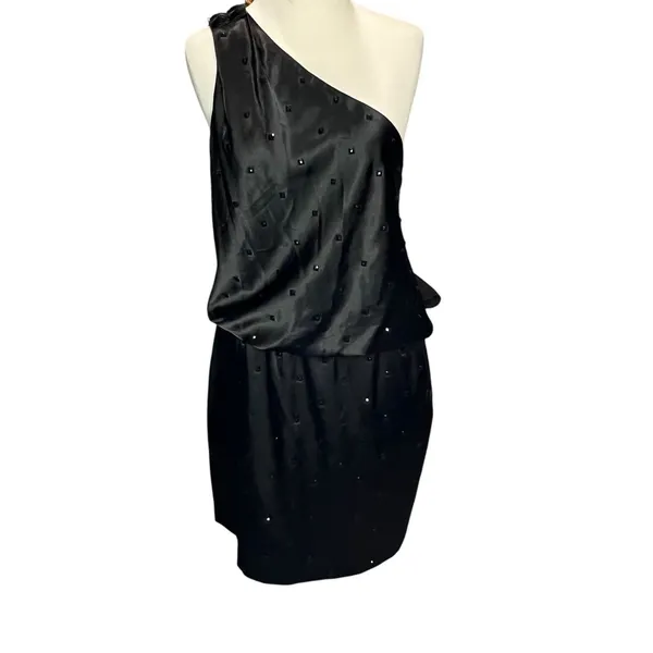 Allen Schwartz Prive Dress 12 Black Jeweled One Shoulder Blouson Evening Party‎ - Image 2